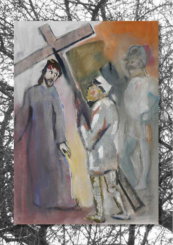 V. Station: Simon von Zyrene hilft Jesus das Kreuz tragen